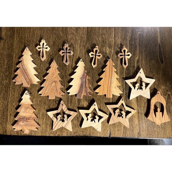14 Wooden Handmade Ornaments Christmas Trees Cross Bell Star Nativity Scene - Picture 1 of 5